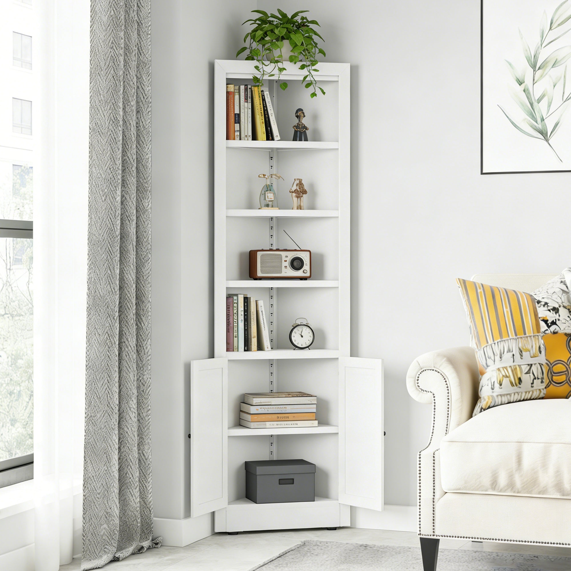 71" Tall Corner Storage Cabinet with 2 Doors and 6-Tier Shelves