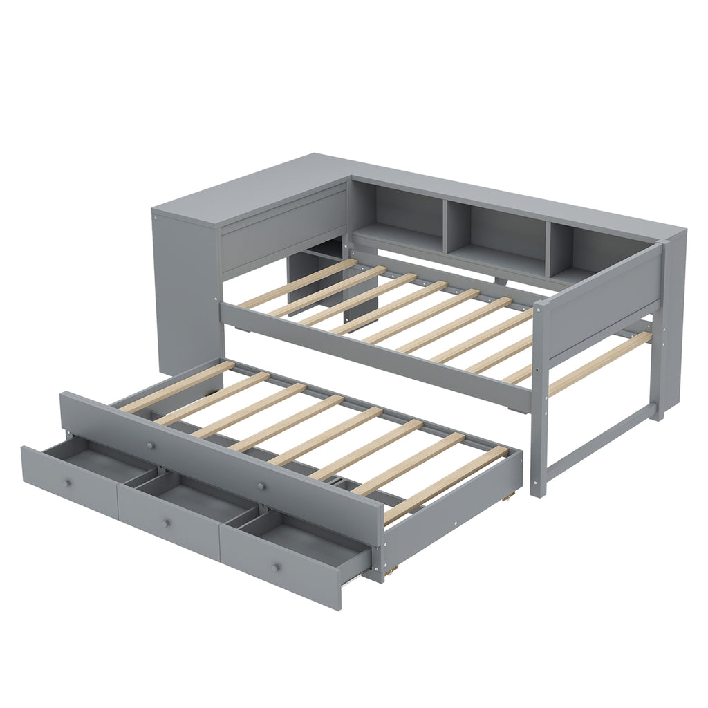 Twin Size Daybed with Trundle, Wood Frame and Storage