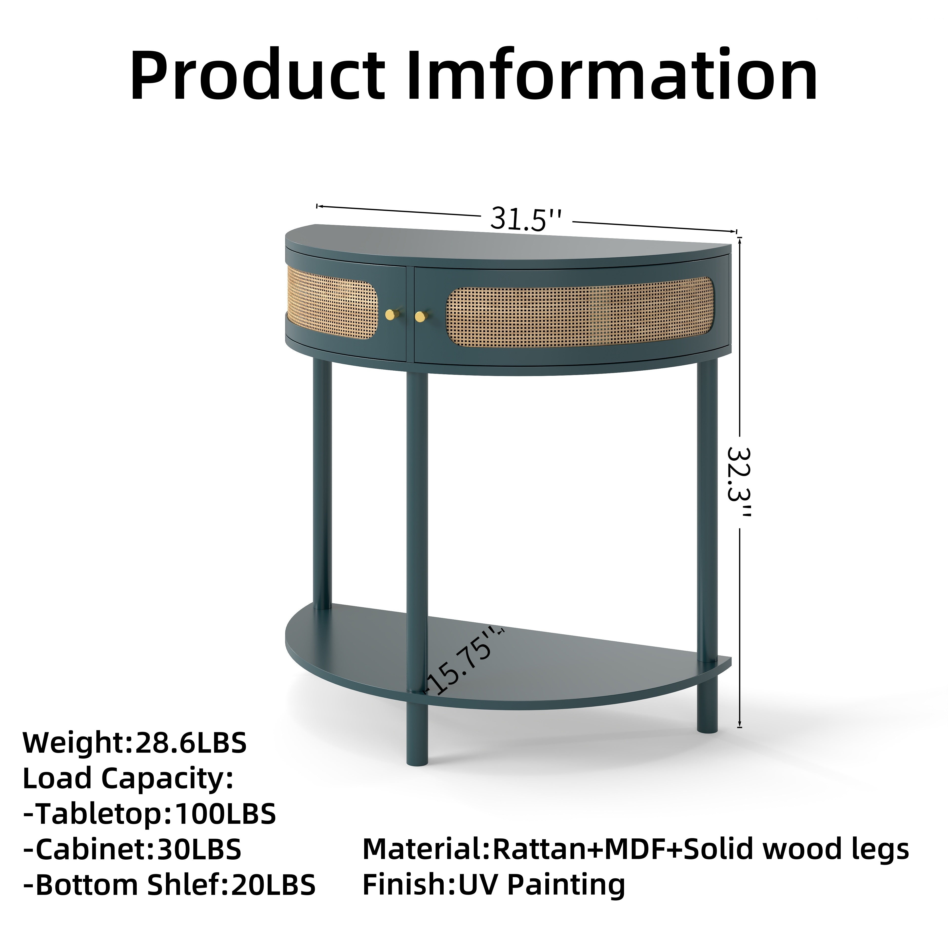 Unique Half Moon Design End Table with Sliding Rattan Door