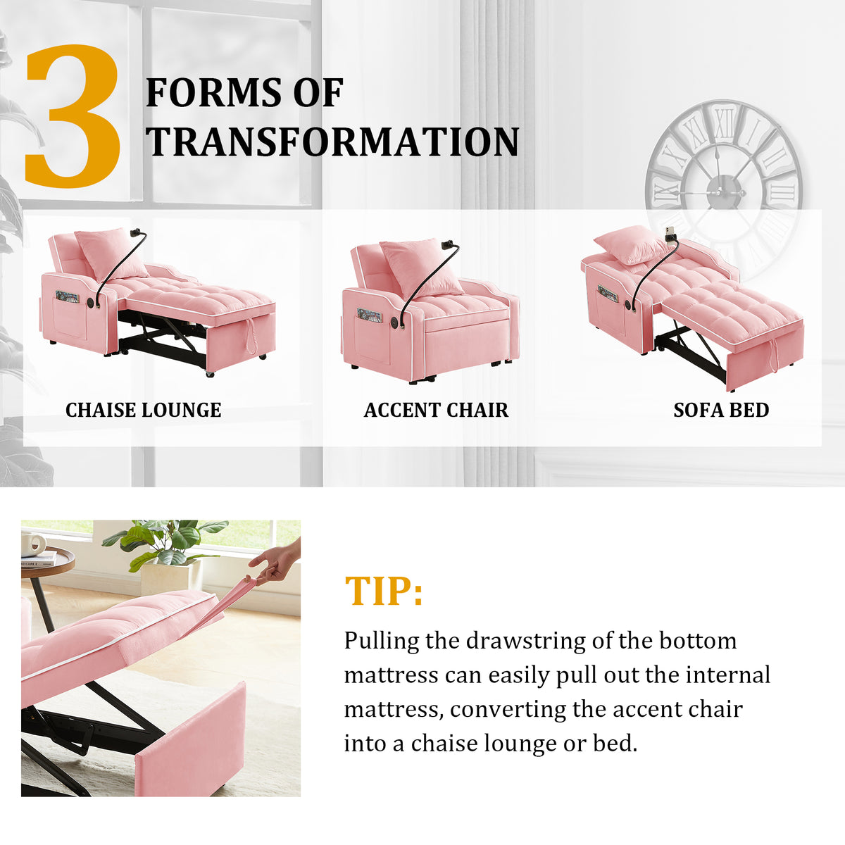 3-in-1 Convertible Sleeper Chair, Pink Velvet with USB Charging
