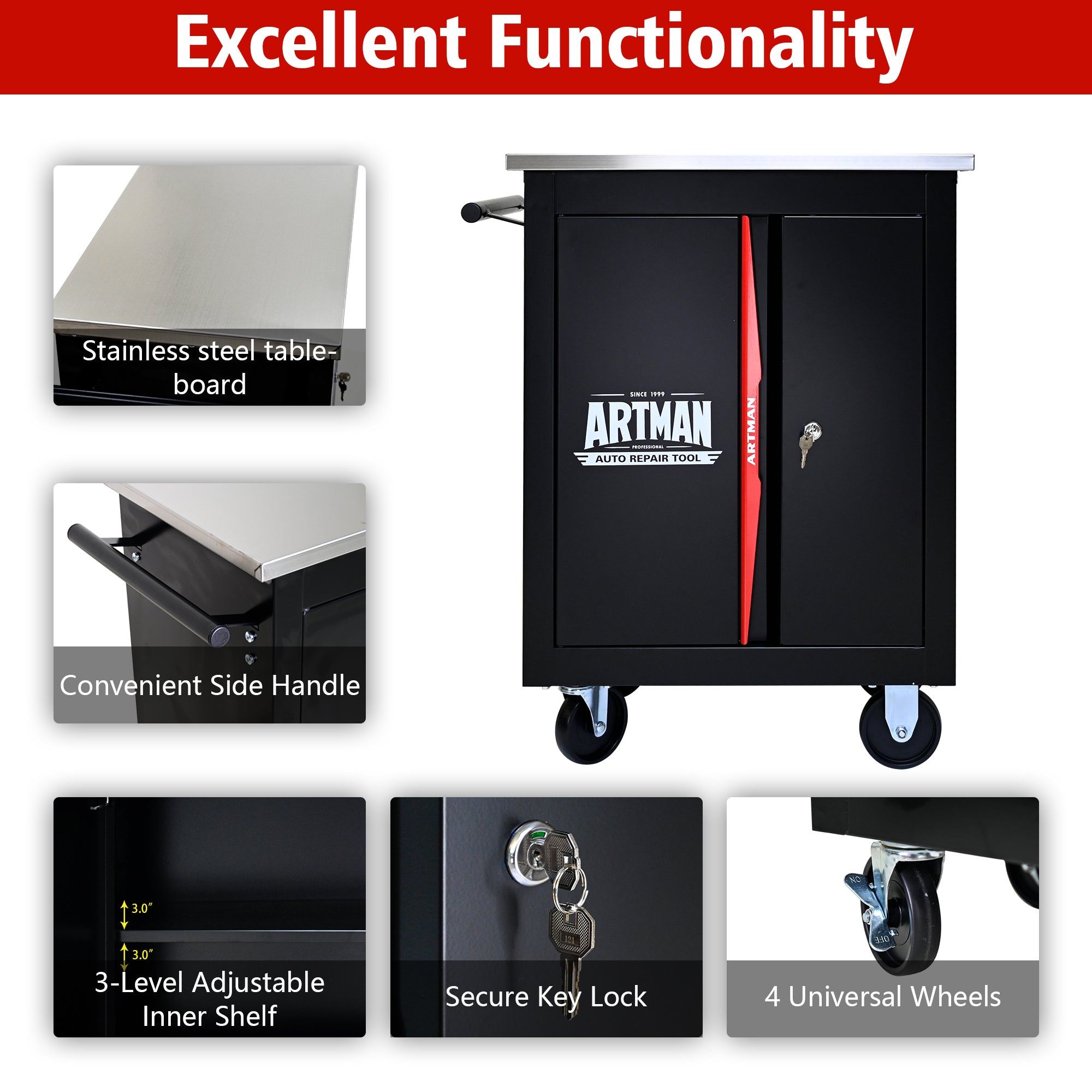 Double-Door Clapboard Multi-Function Tool Cart - Black & Red