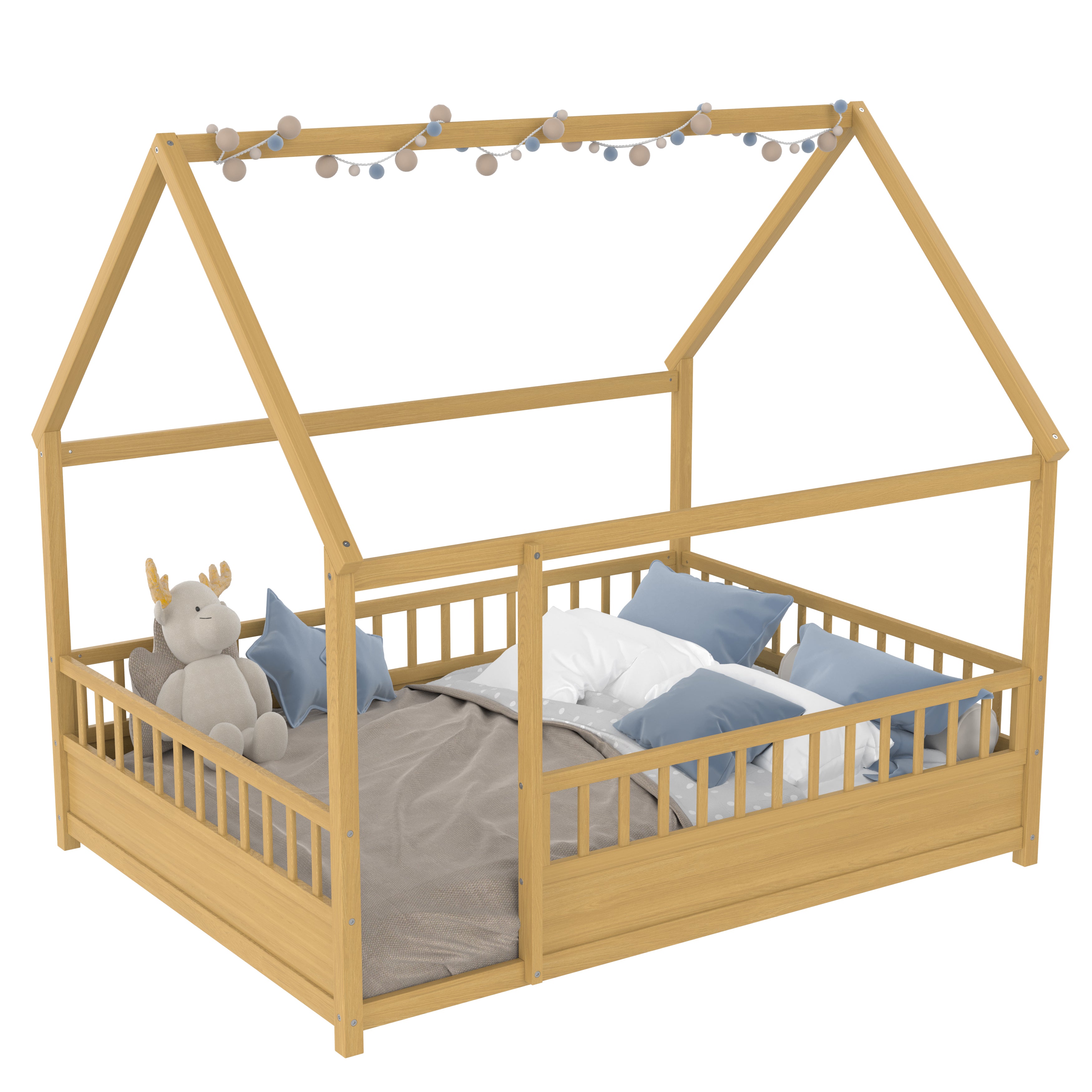 Full Size Floor Wooden Bed with House Roof Frame