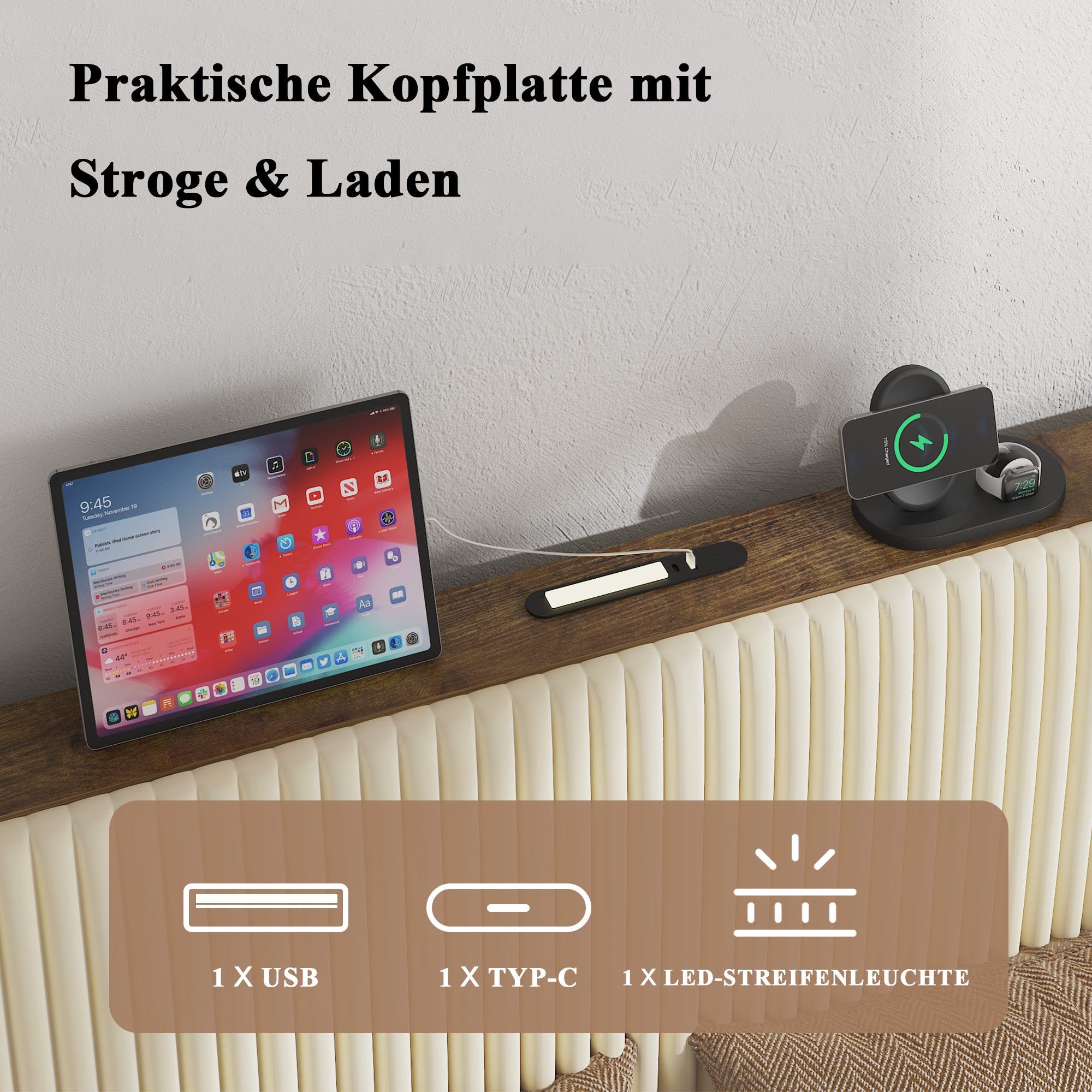 Queen Size Platform Bed with Charging Station