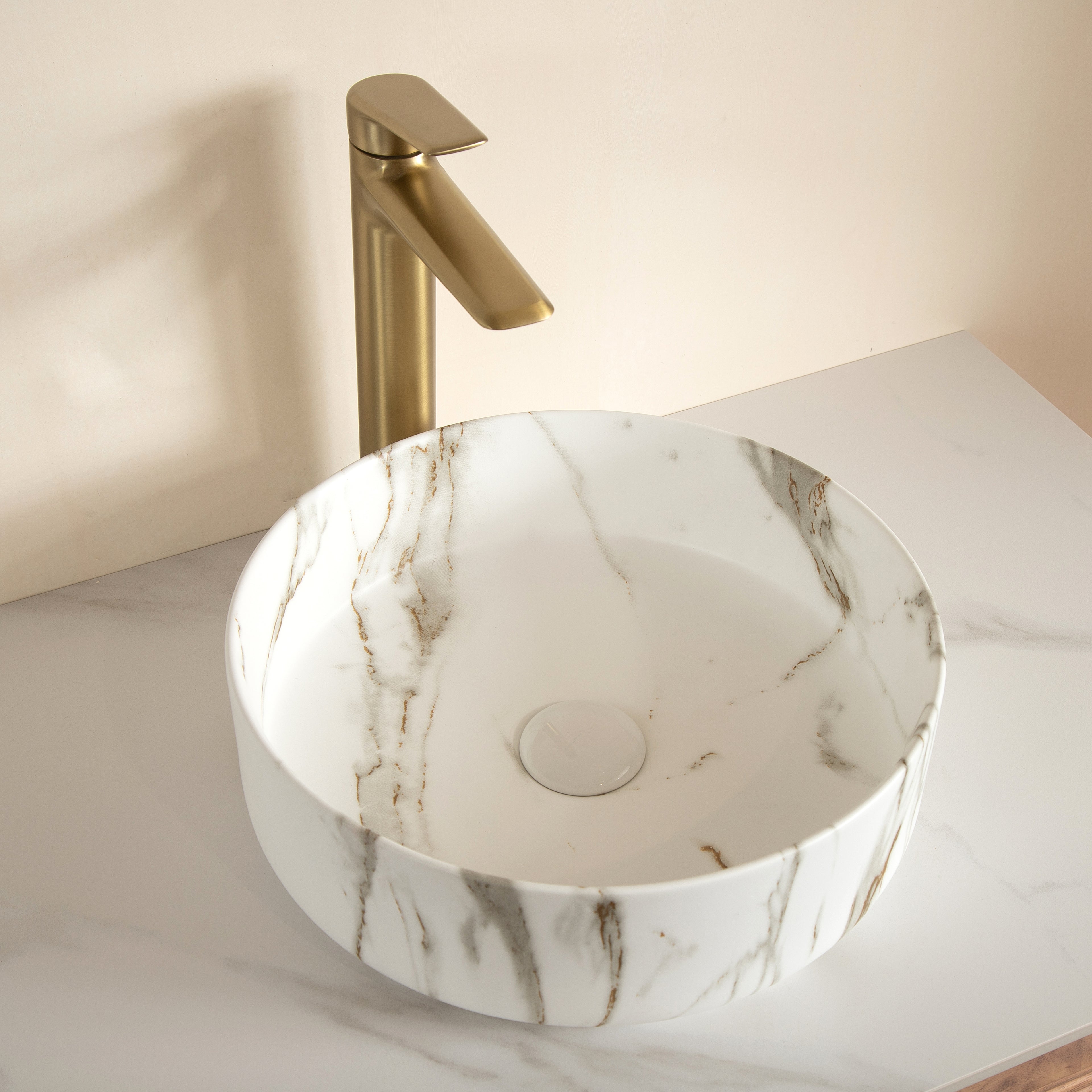 14" Round Vessel Ceramic Bathroom Sink with Stone Pattern