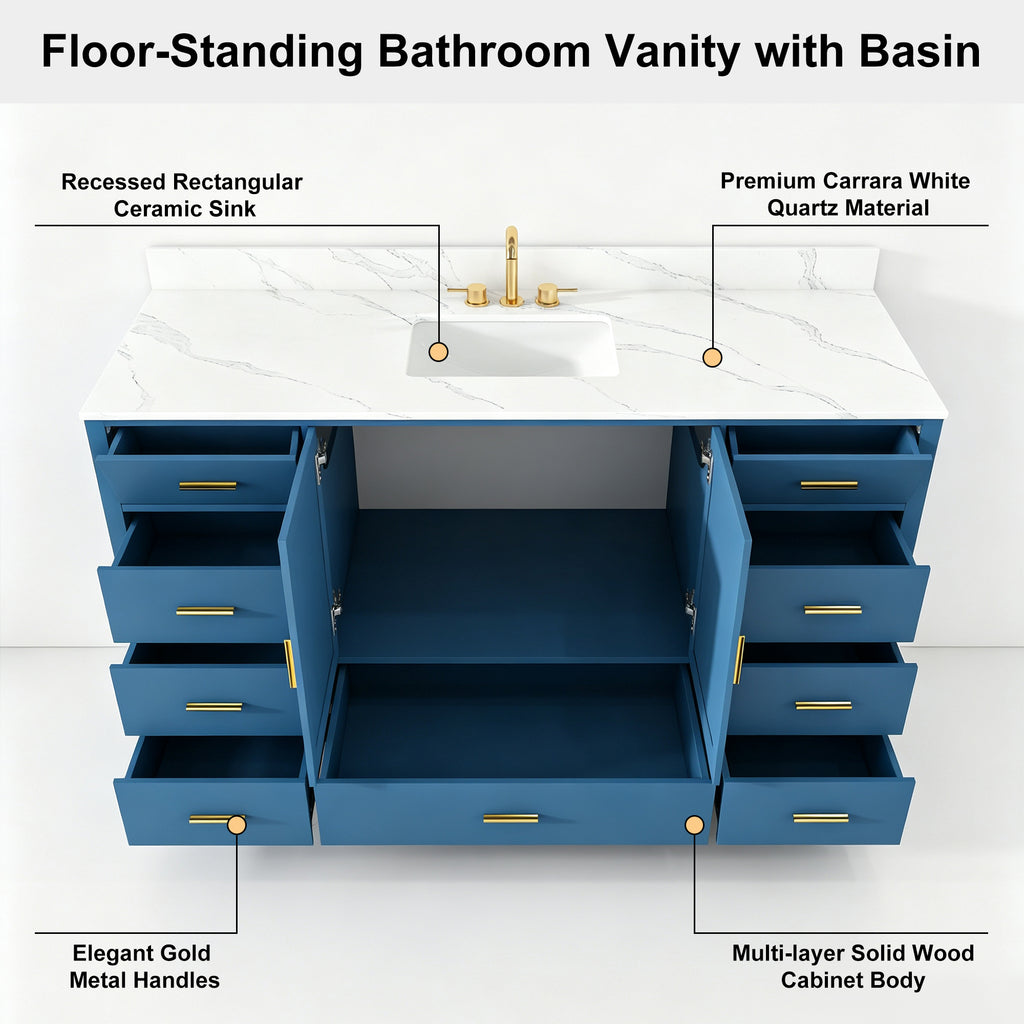 60" Modern Solid Wood Bathroom Vanity with Sink, 61" Carrara