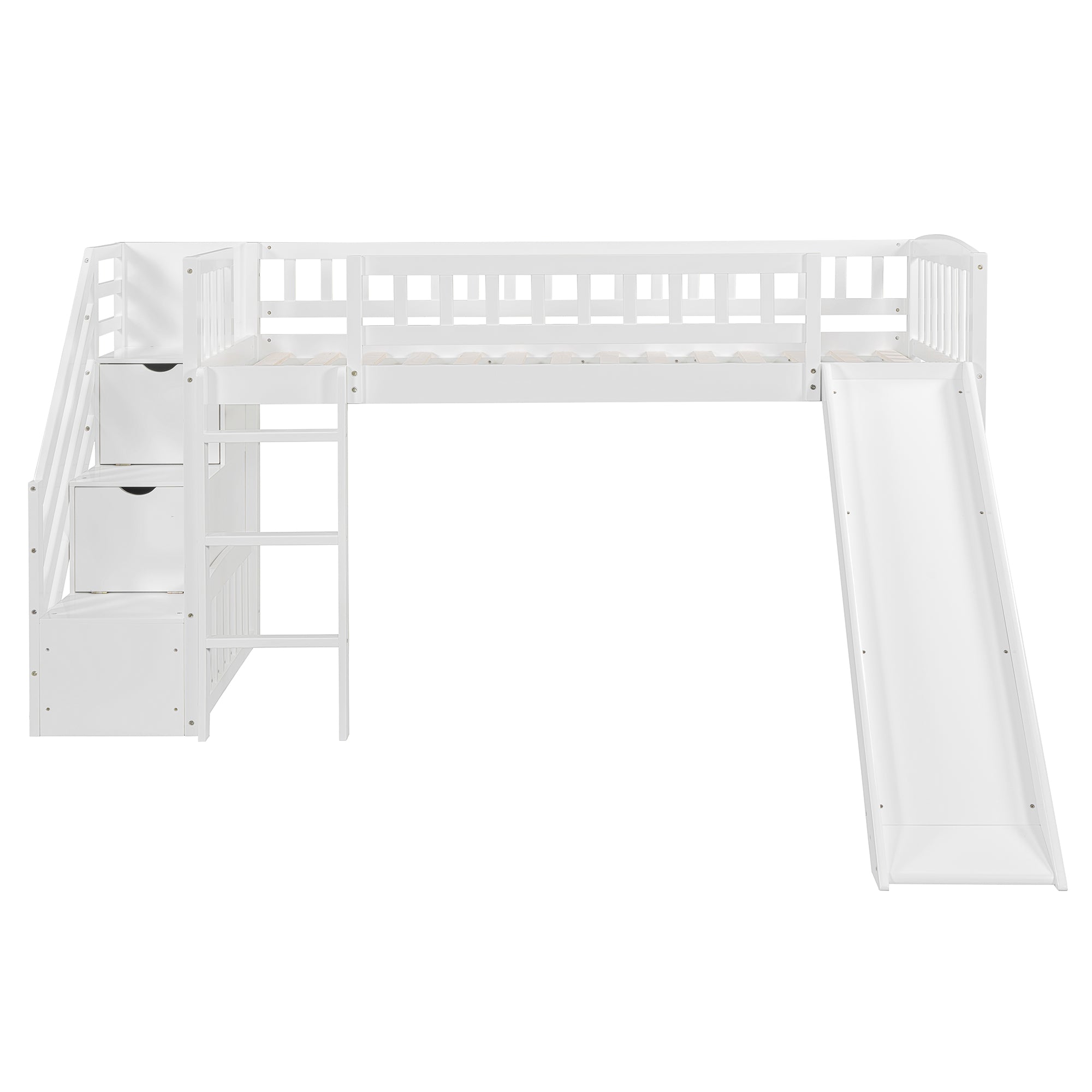 Stairway Twin Size Loft Bed with Two Drawers and Slide, White