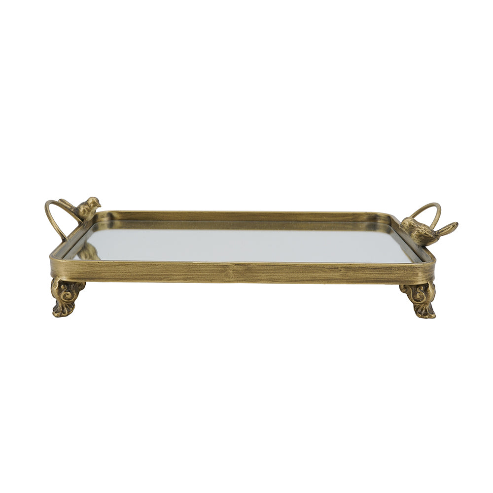 16.3x9.8x3.7" Metal Bird-Accented Mirrored Tray
