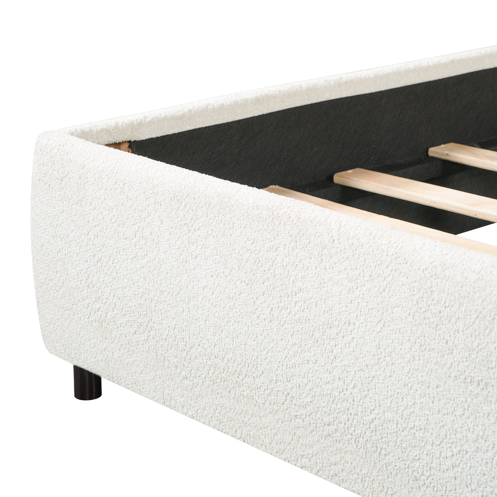 King Size Upholstered Bed Frame With Boucle Fabric Curved Headboard