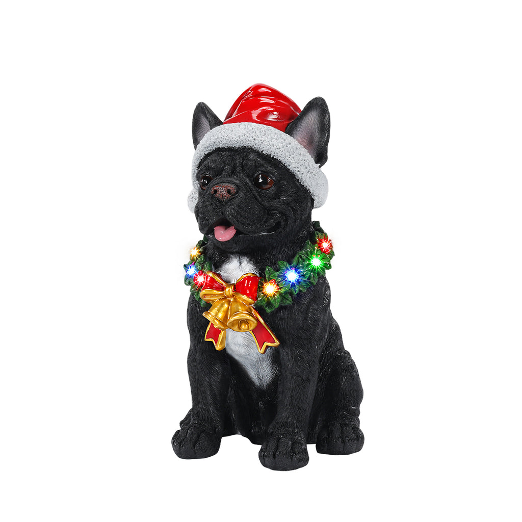Lighted Christmas French Bulldog Statue, Black Resin, 14 Inches