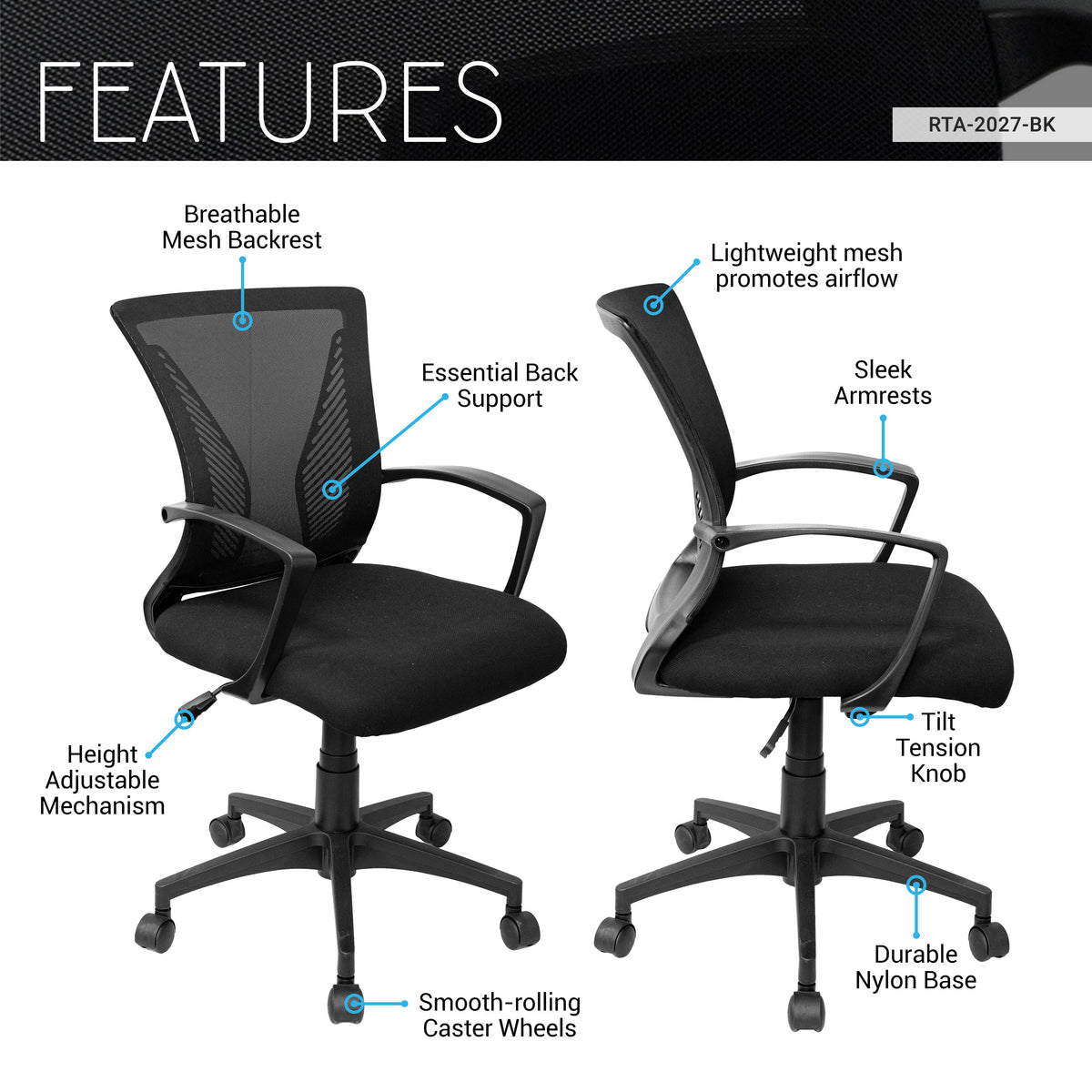 Techni Mobili Ergonomic Mesh Office Chair, Black
