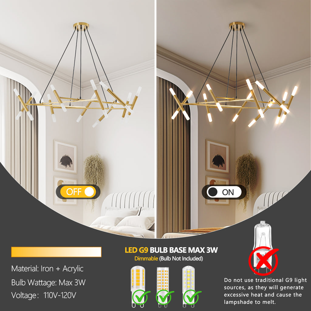 41" Golden Modern Chandelier Light Fixture, Branch Design with Frosted Tubes