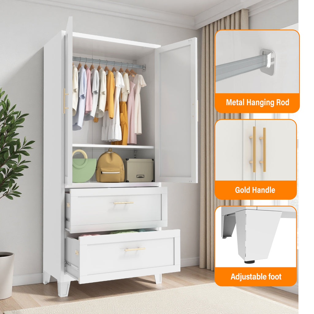 71" Tall Metal Wardrobe Cabinet with 2 Drawers and Hanging Rod