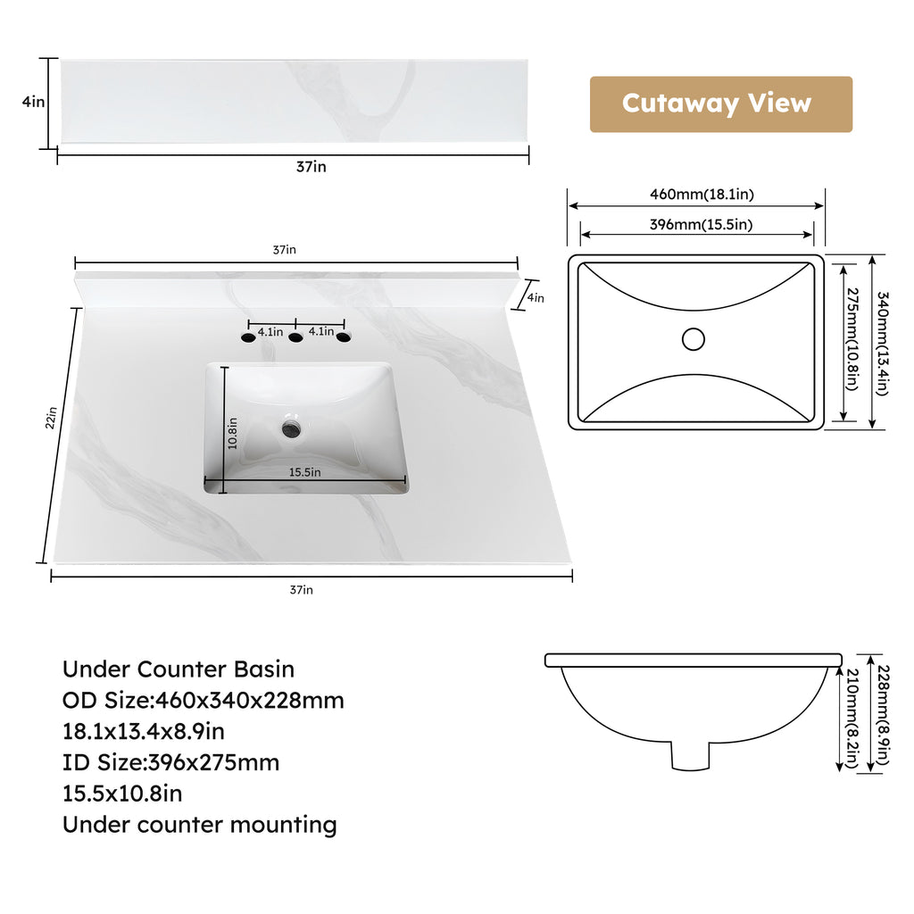 37-Inch Quartz Bathroom Vanity Top