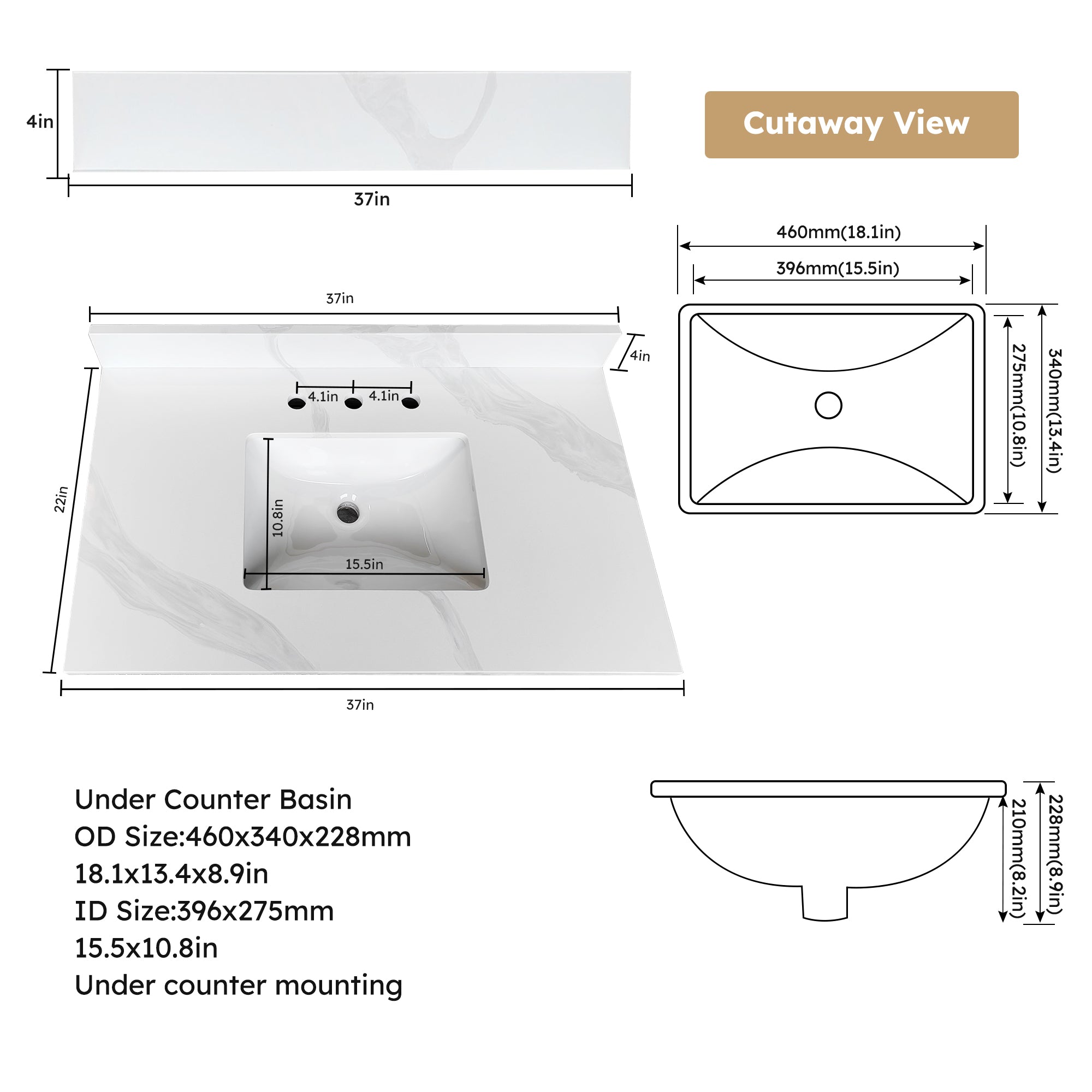 37-Inch Quartz Bathroom Vanity Top