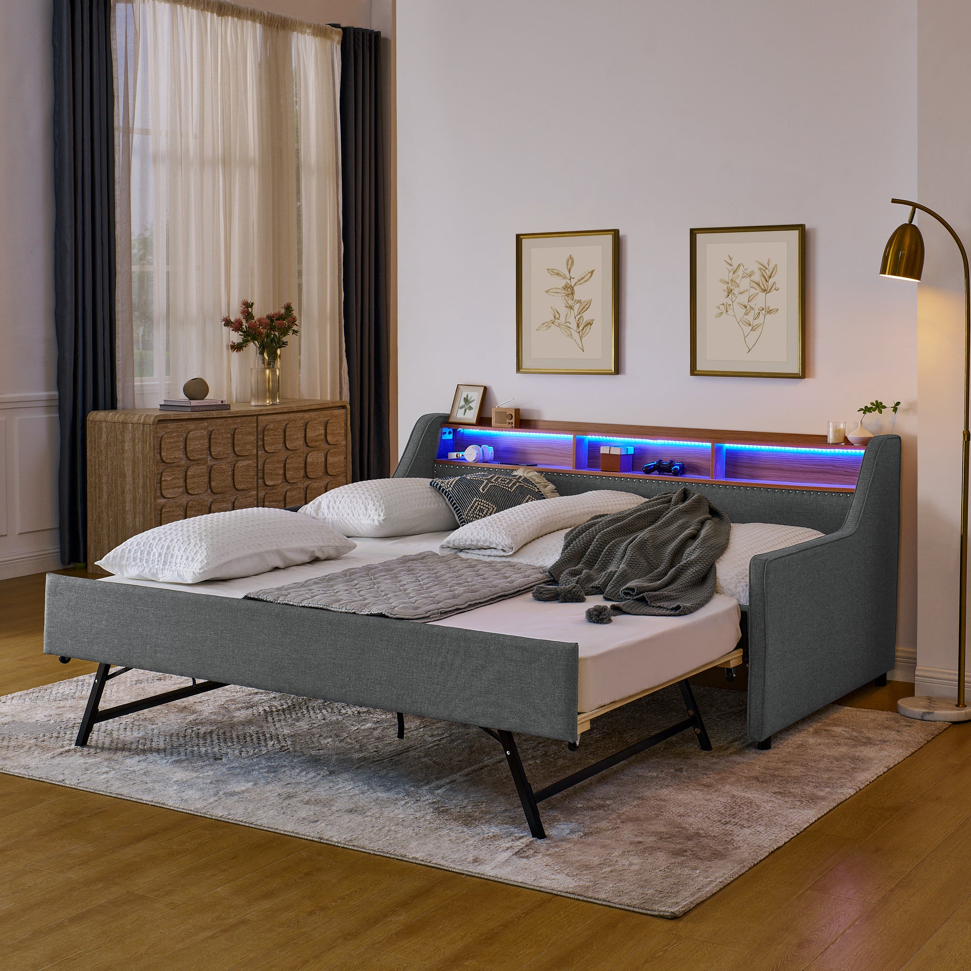 Twin Size Upholstery Sofa Bed with LED Lights