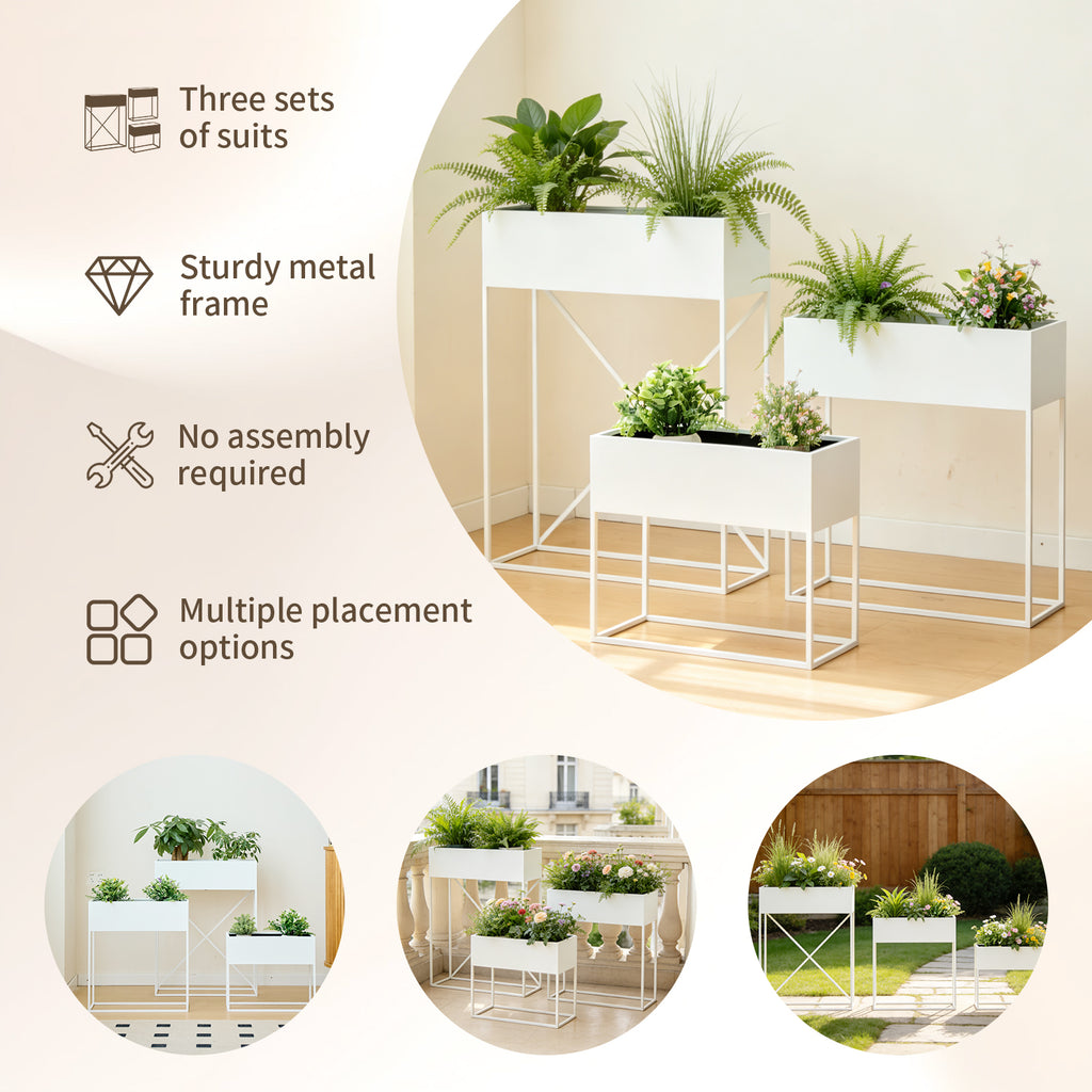 3‑Pack Pre‑Assembled Metal Raised Garden Bed Planter Stand with Non‑Woven Liner, UV‑Resistant Coated Elevated Flower Herb Planter Box, Rectangular Plant Holder for Patio Balcony Backyard Indoor Outdoo