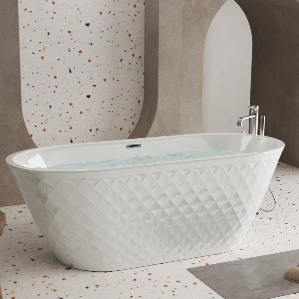 59" Acrylic Freestanding Bathtub with Unique Diamond Pattern Design