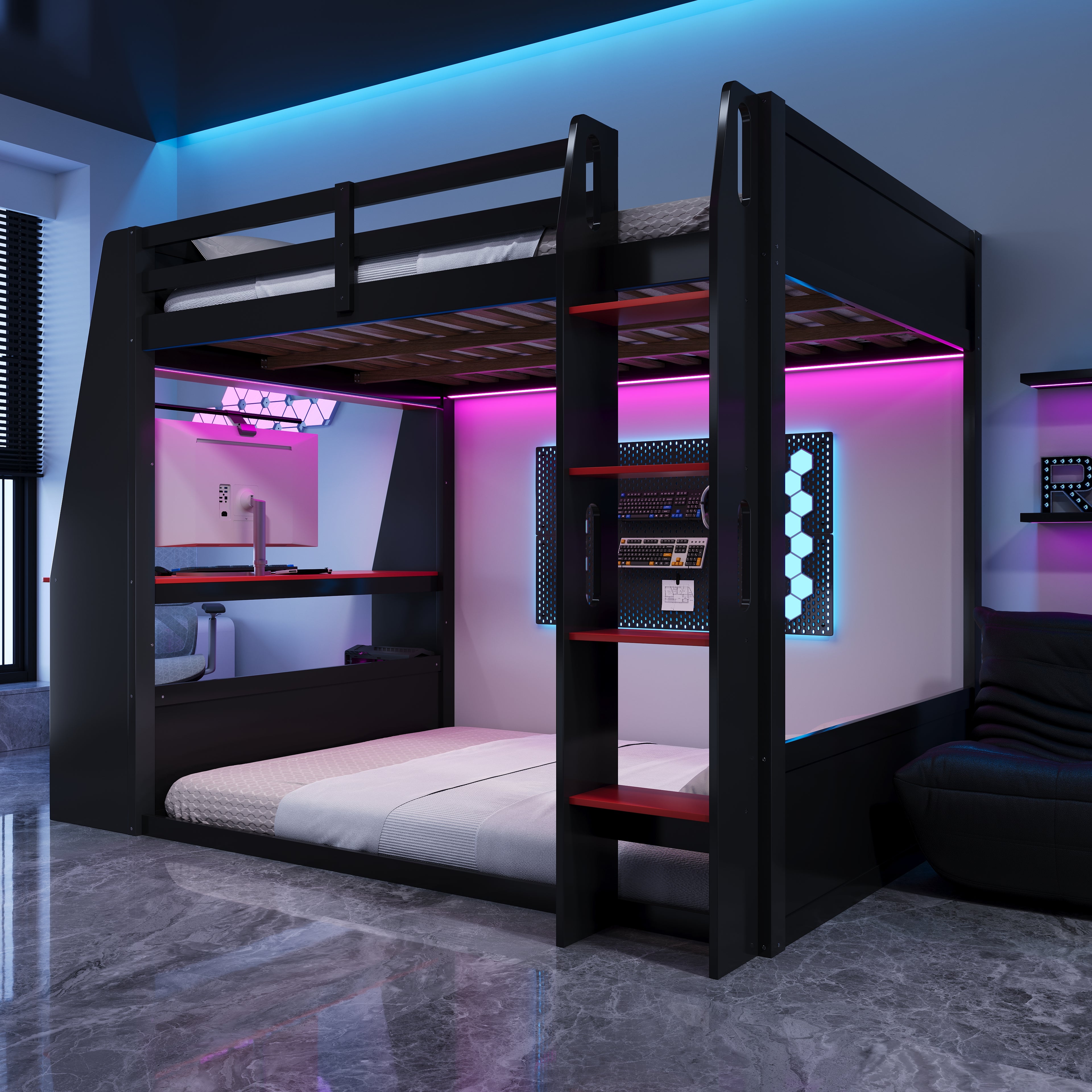 Full Size Wooden Gaming Bunk Bed with Desk and Storage