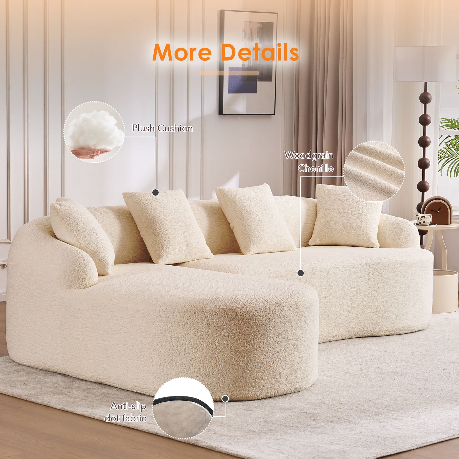 Boneless L-Shape Sectional Sofa with Curved Chaise
