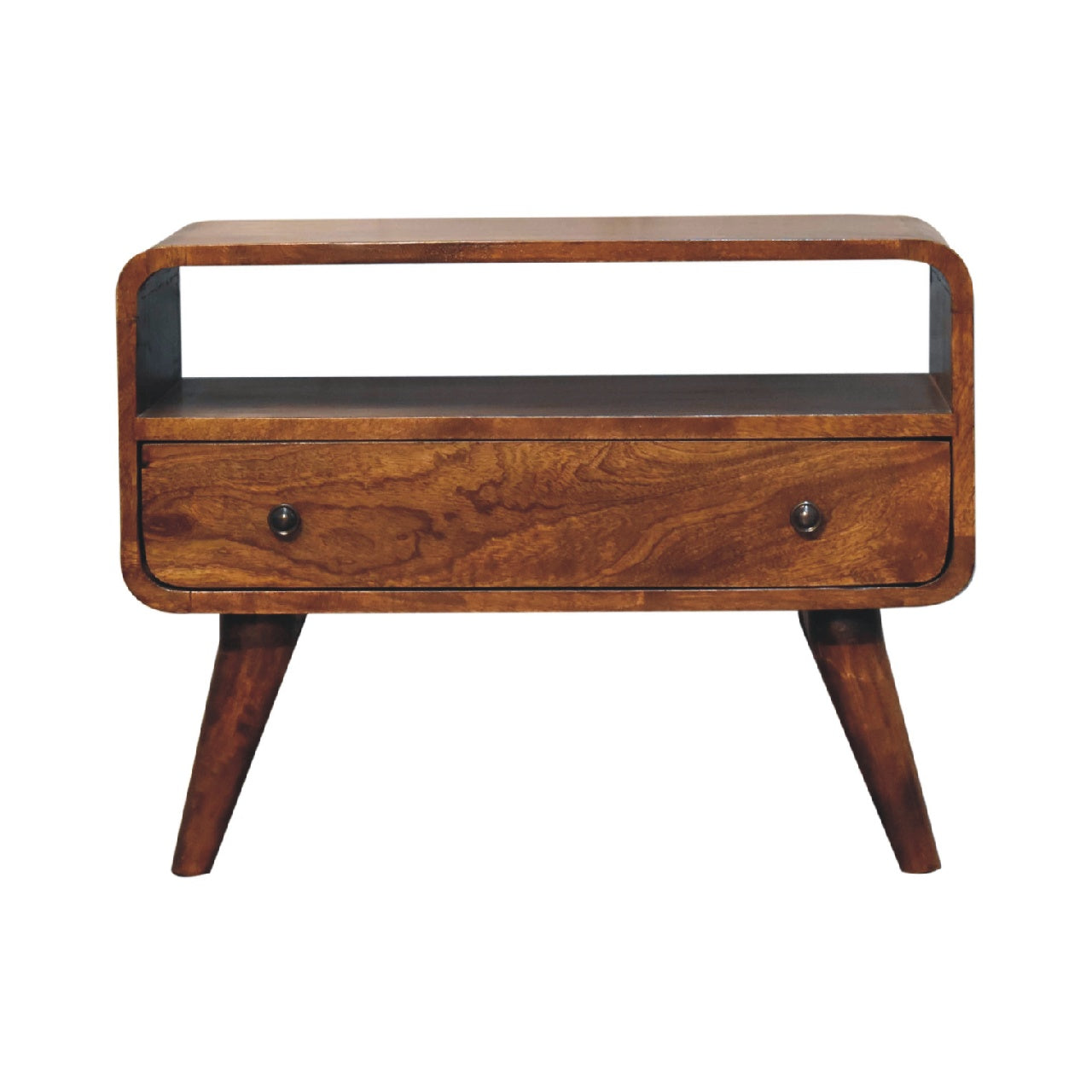 Solid Wood Mini Curved Media Unit, Chestnut, 1-Drawer, 1 Open Slot