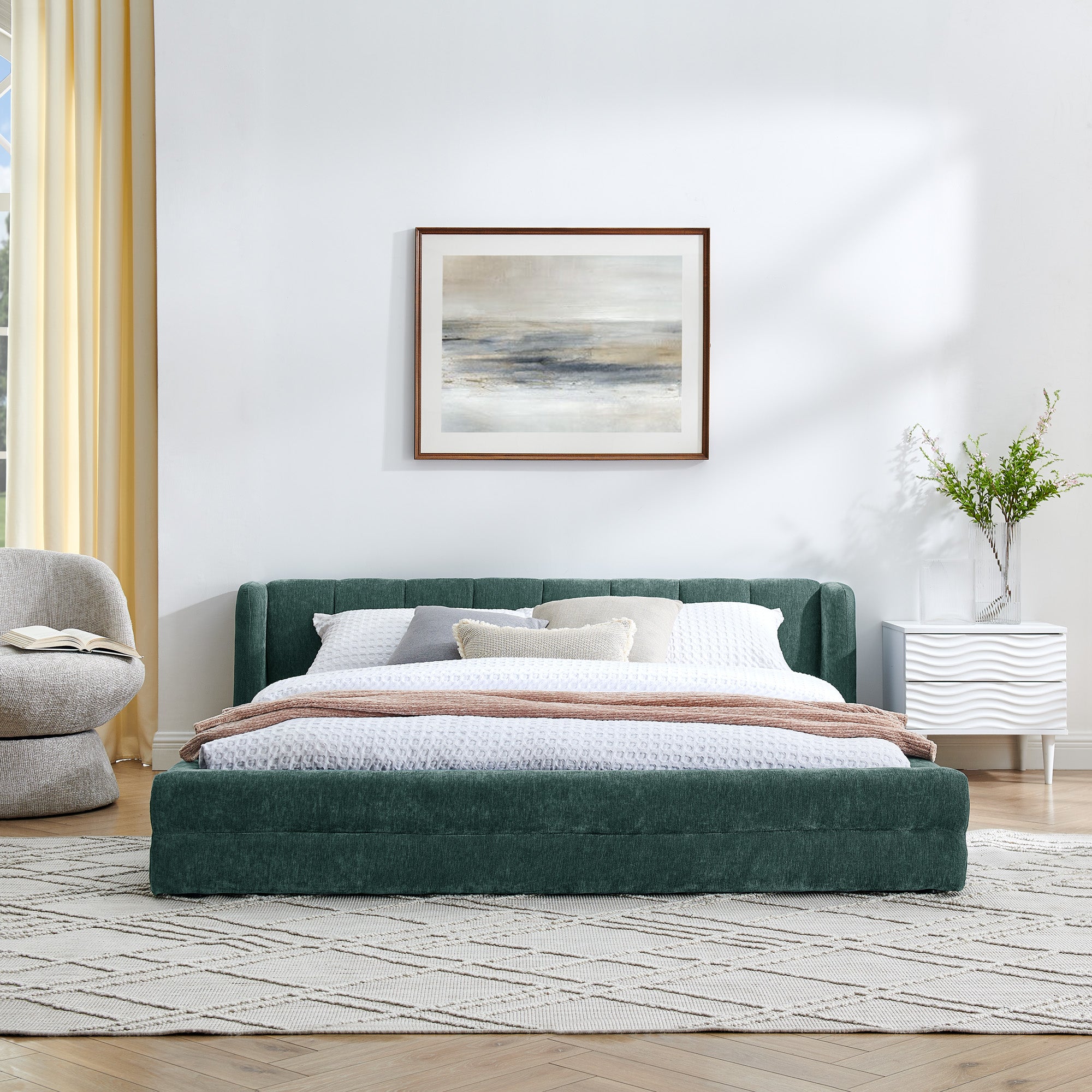Queen Size Upholstered Bed Frame with Thick Fabric