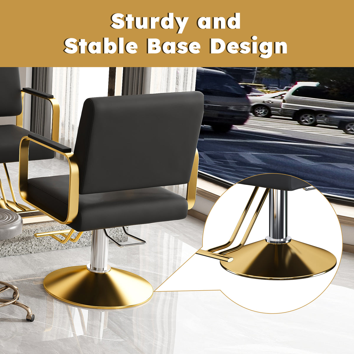 Hydraulic Salon Chair, 360° Swivel, Non-Tilting, Black and Gold