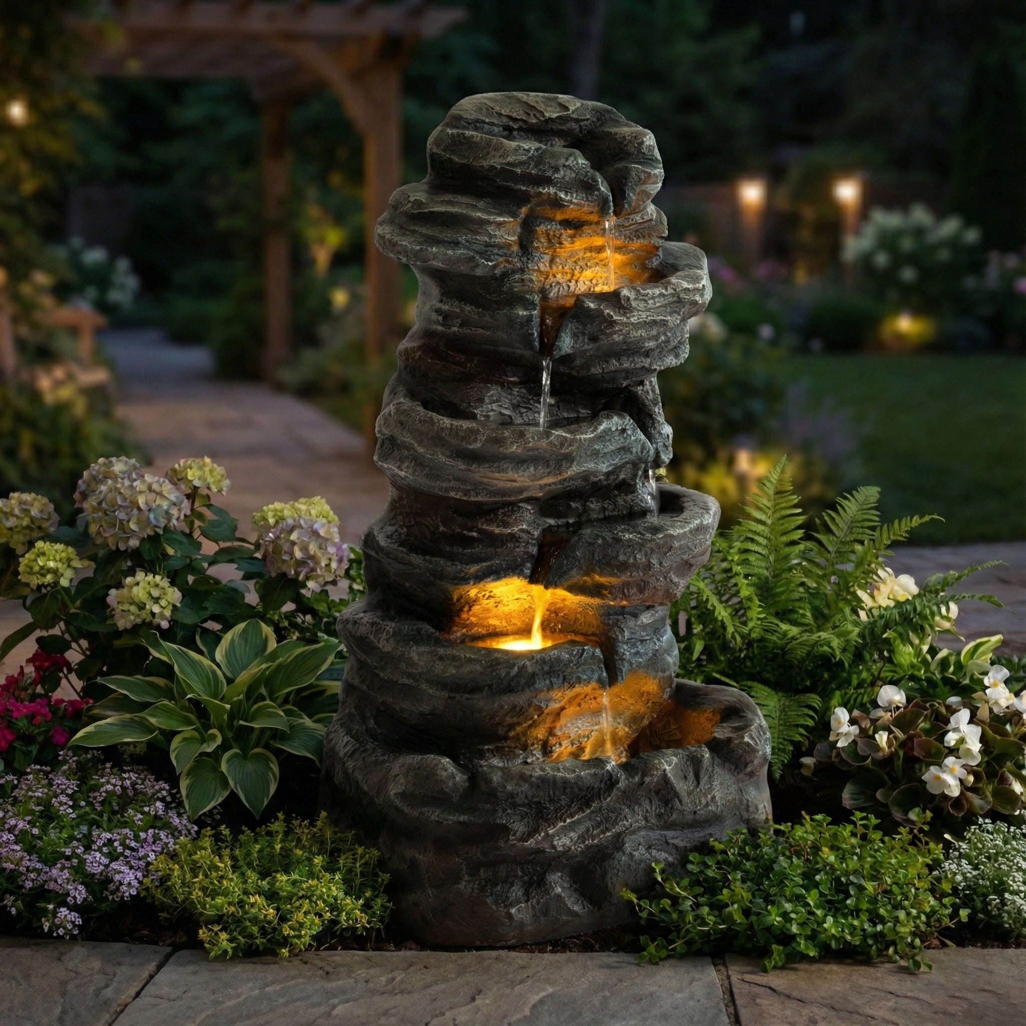 6-Tier Outdoor Cascading Stone Water Fountain with LED Lights