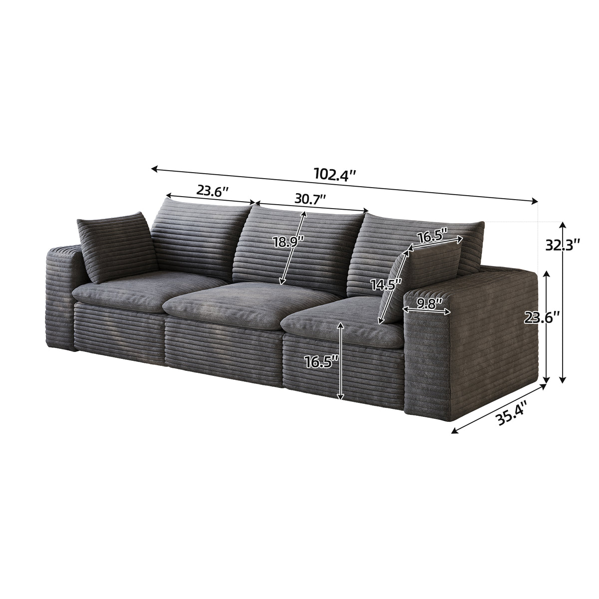 Cloud Sofa 102-Inch, Corduroy Fabric Deep Seat, Dark Grey