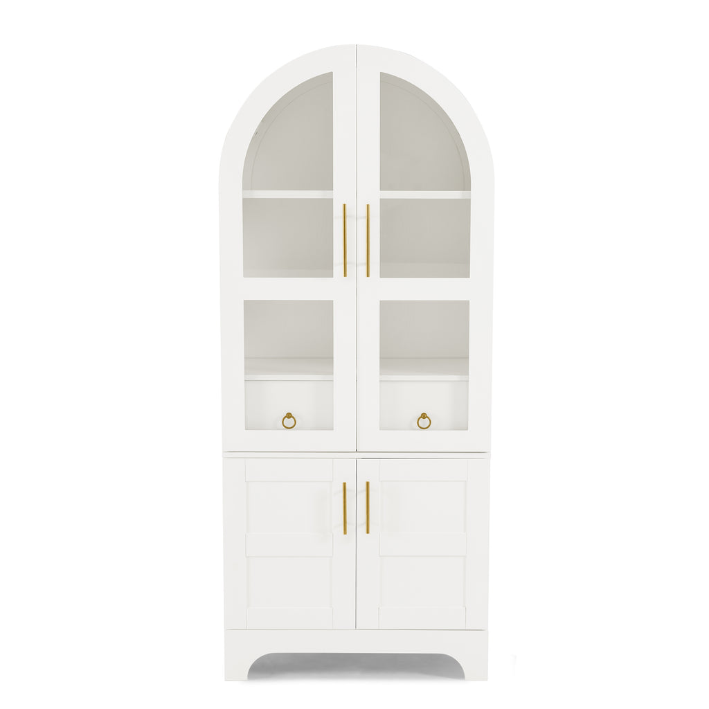 77-Inch Arched Kitchen Cabinet with Glass Doors and Hidden Drawer, White