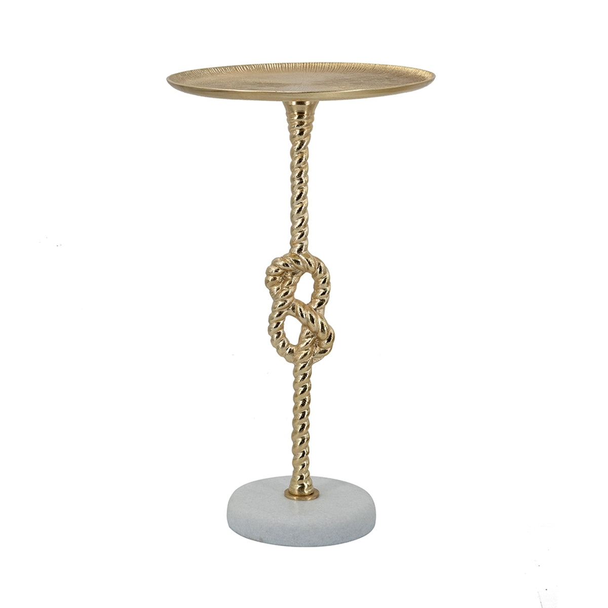 13.8x13.8x24 Gold Side Table with Rope Knot Design and White Marble Base