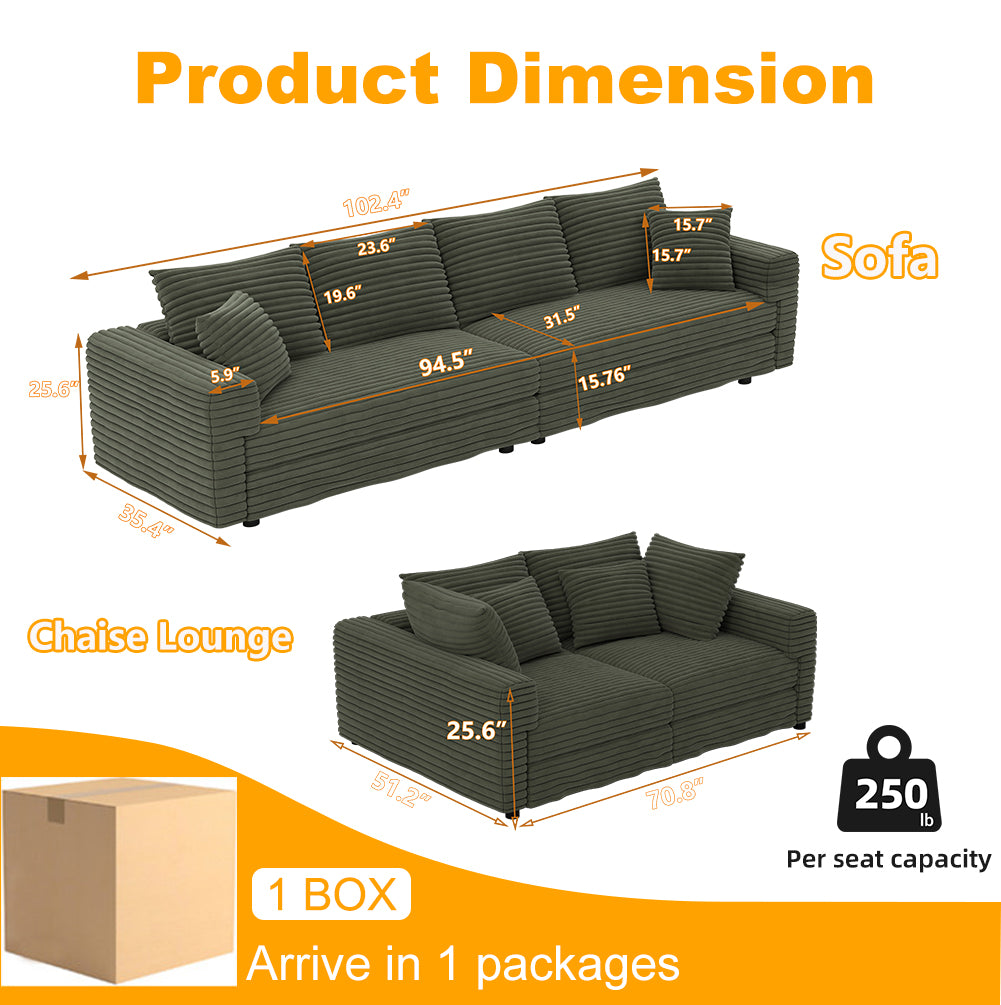 102.4" Plush Corduroy 4-Seat Sofa