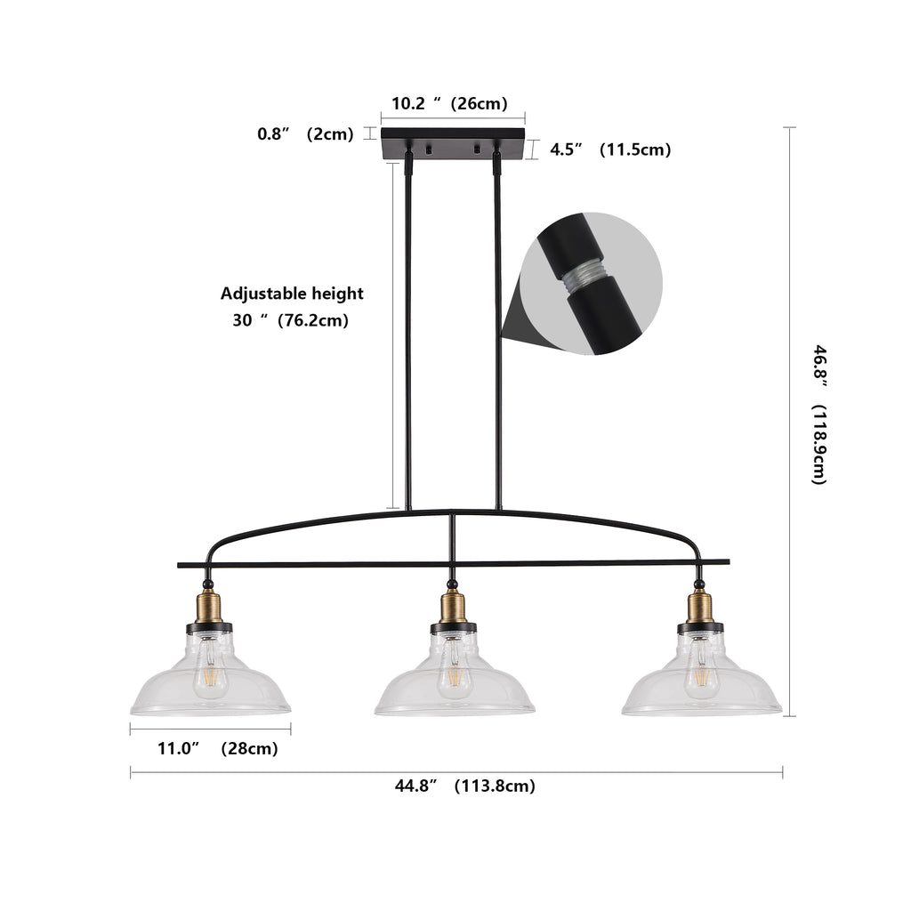 45" Industrial 3-Light Pendant Chandelier with Clear Glass Shades