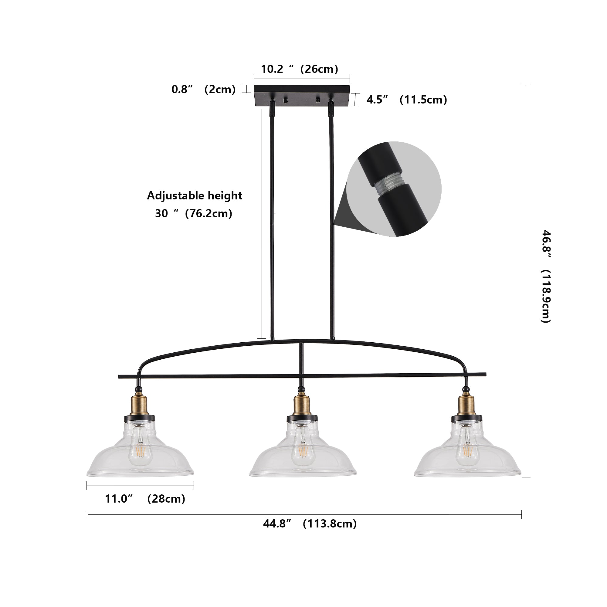 45" Industrial 3-Light Pendant Chandelier with Clear Glass Shades