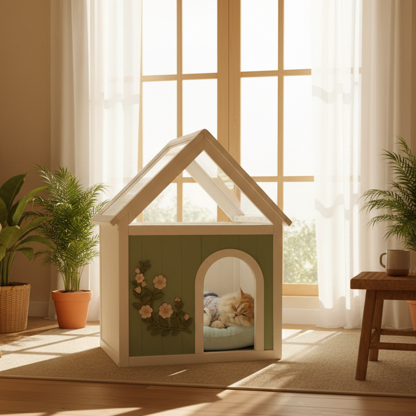 Sage FSC-Certified Cedar Indoor Cat House with Clear Acrylic Roof
