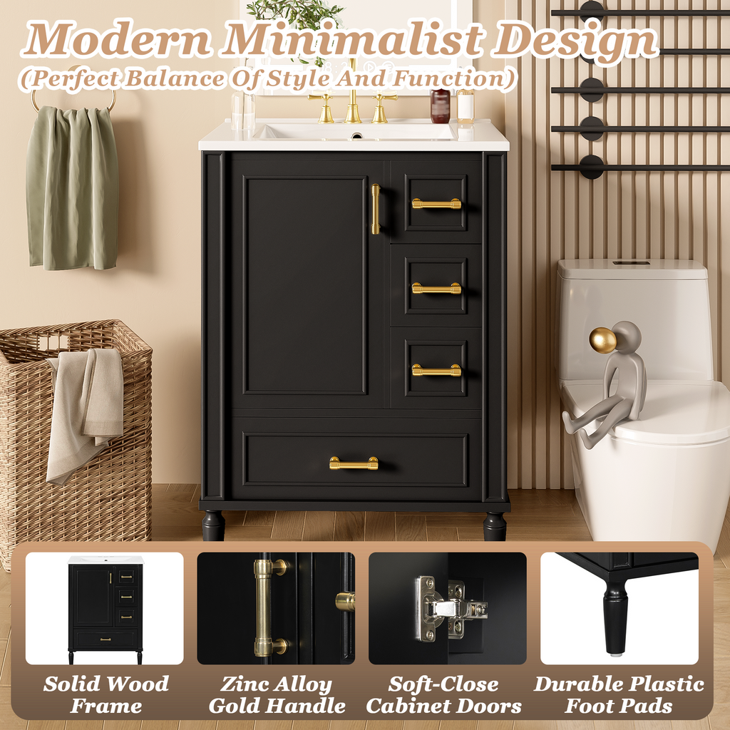 24" Modern Bathroom Vanity with Ceramic Sink, Soft-Close Door, 3 Drawers