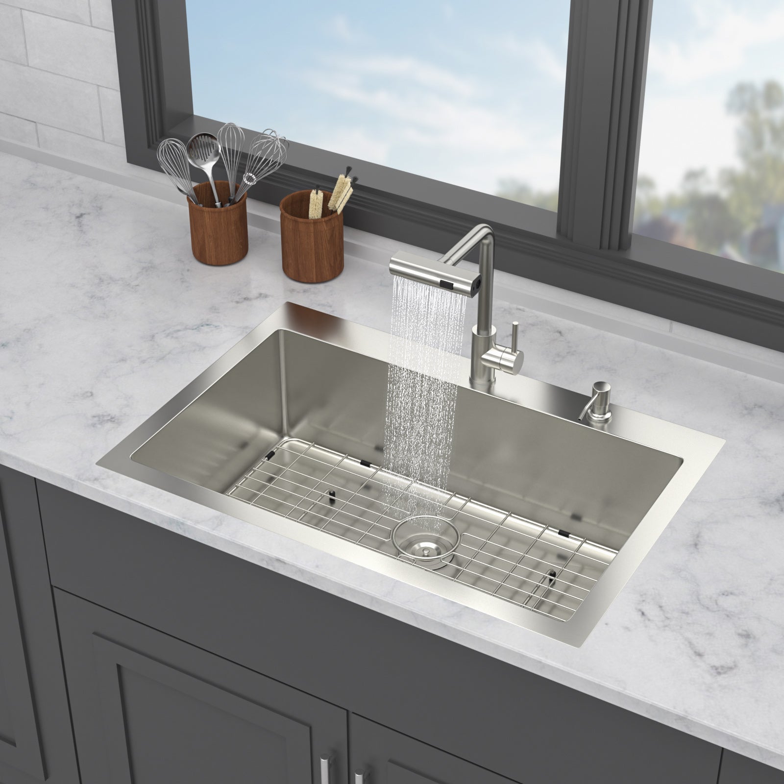 33" Drop-In Kitchen Sink with Pull-Out Faucet and Soap Dispenser