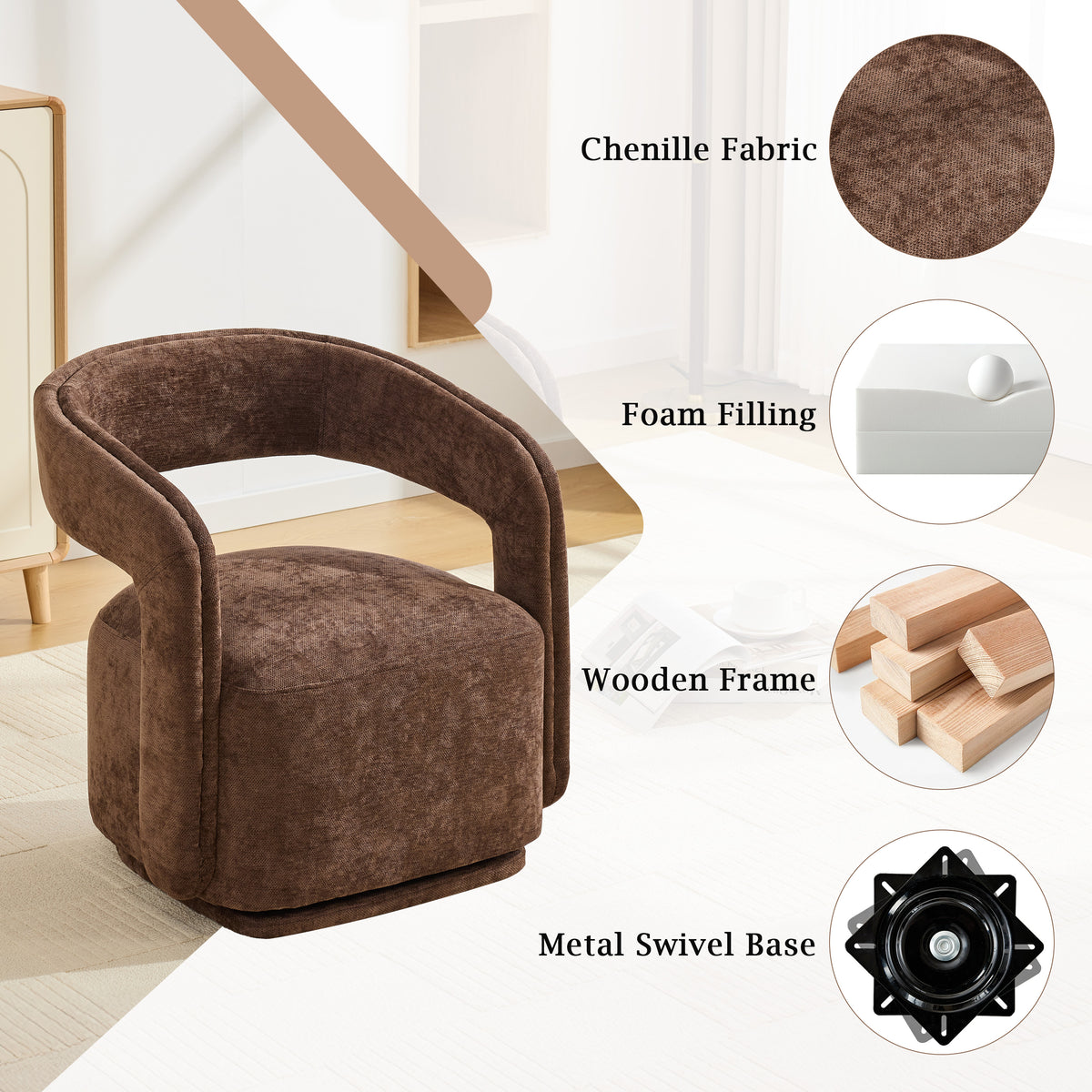 Chenille Fabric Swivel Accent Armchair, Brown Barrel Chair With Curved Backrest
