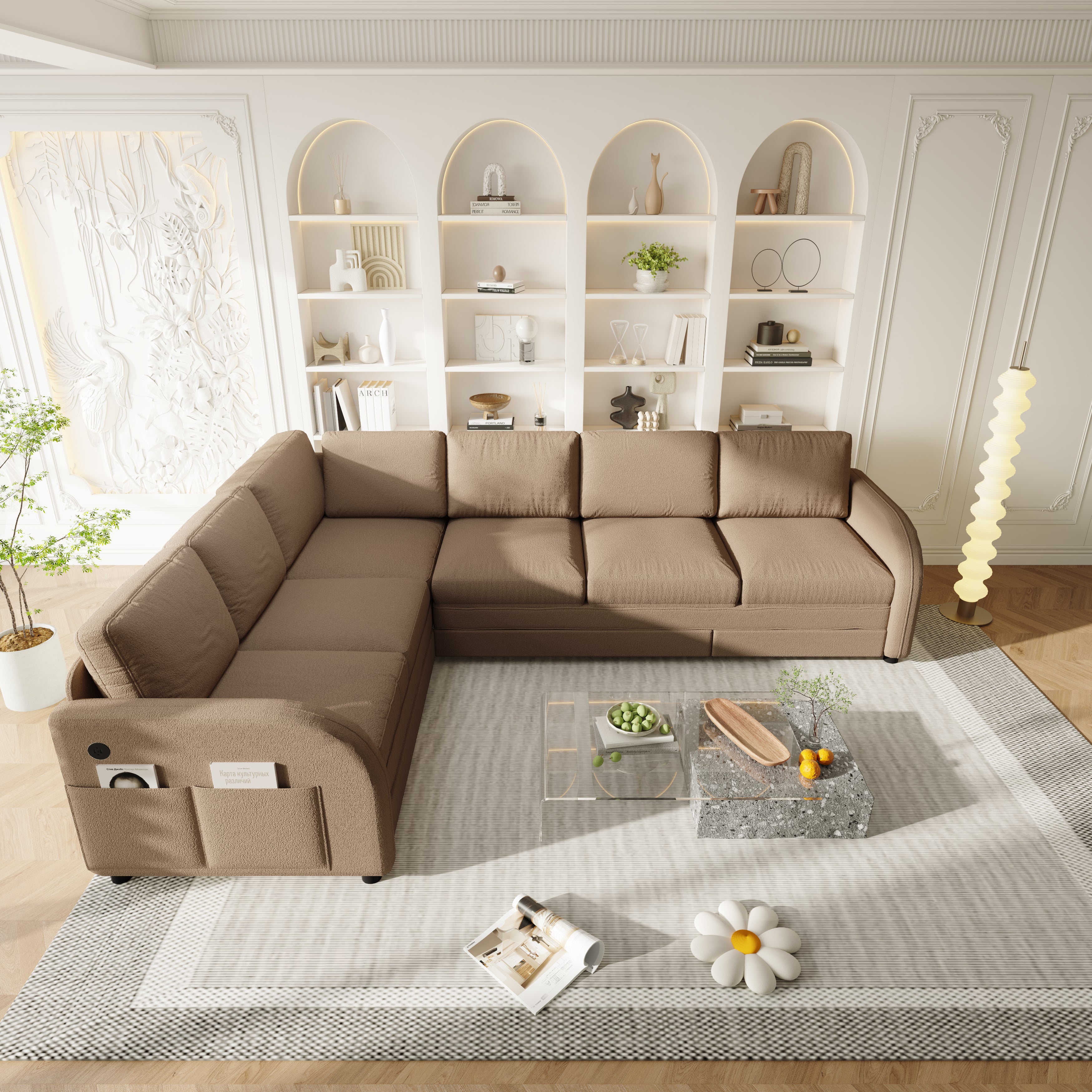 115.2" L-Shaped Pull-Out Bed Sleeper Sofa - Brown