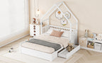 Wood Queen Size House Platform Bed with Guardrail and 2 Drawers
