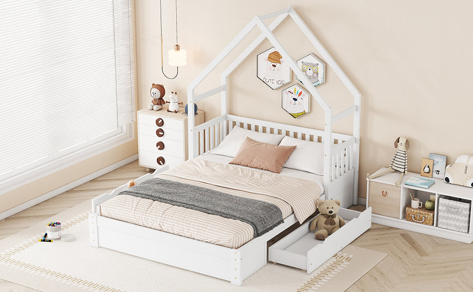 Wood Queen Size House Platform Bed with Guardrail and 2 Drawers