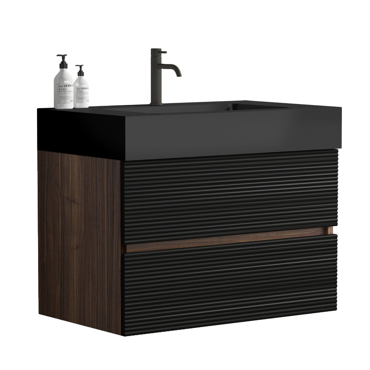 Grace 30-Inch Wall-Mounted Bathroom Vanity, Black and Walnut with Solid Surface Sink