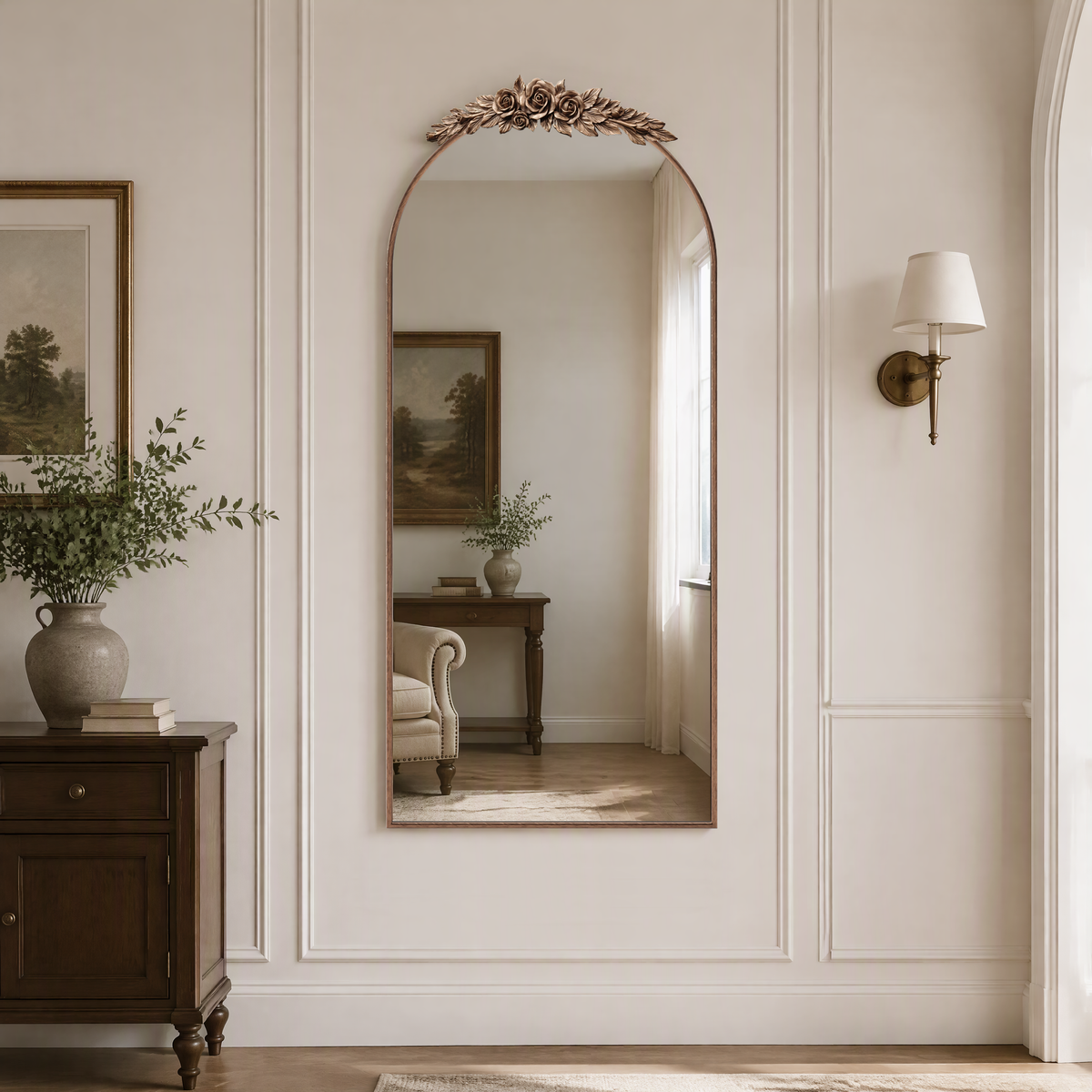 70.87" Arched Wall Mirror, Vintage, Brown Antique Bronze