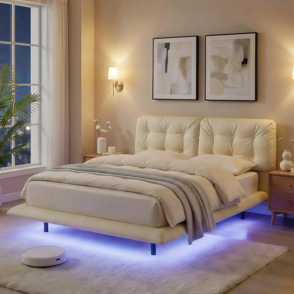 Queen Size Upholstered Floating Bed Frame with LED Lights