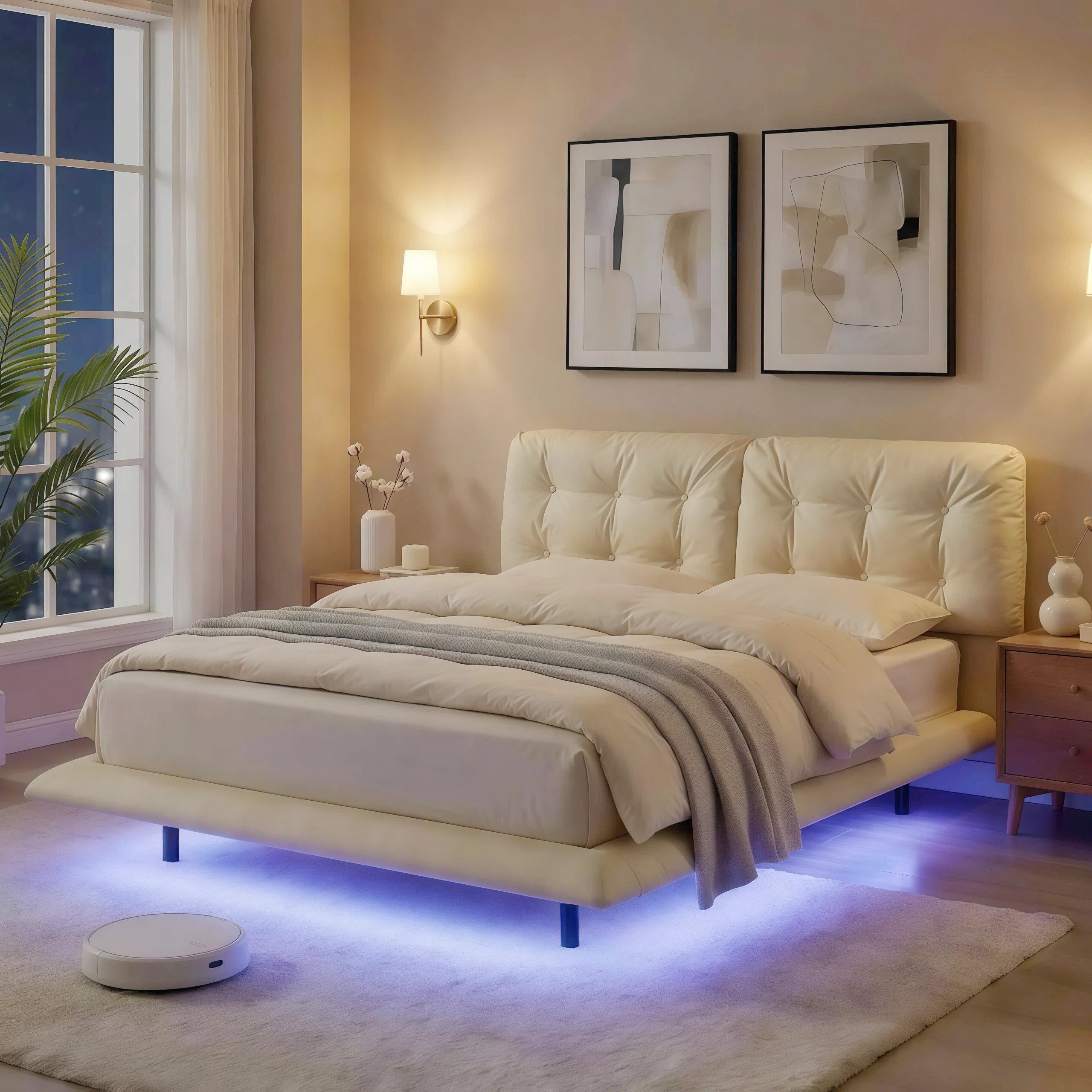 Queen Size Upholstered Floating Bed Frame with LED Lights