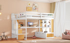 Full Size Loft Bed With Desk And Shelves, Two Built-in Drawers, Storage Staircase