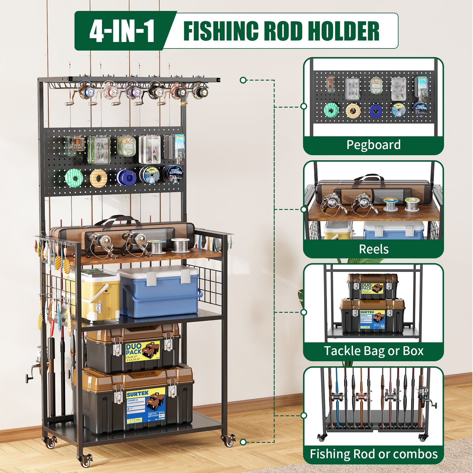 Fishing Rod Storage Rack with Pegboard and Lockable Wheels