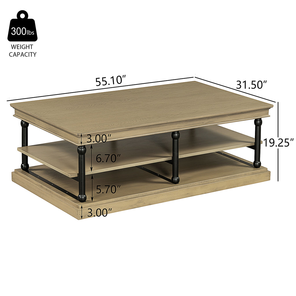 55.1" Wood Coffee Table with Open Shelves