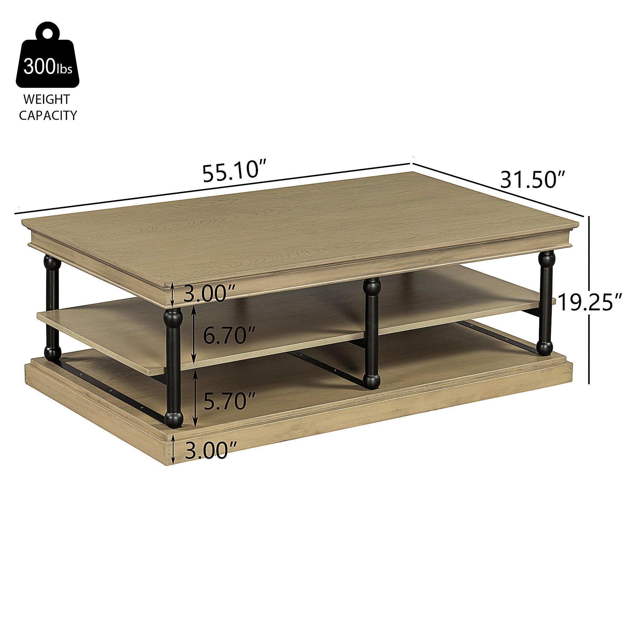 55.1" Wood Coffee Table with Open Shelves
