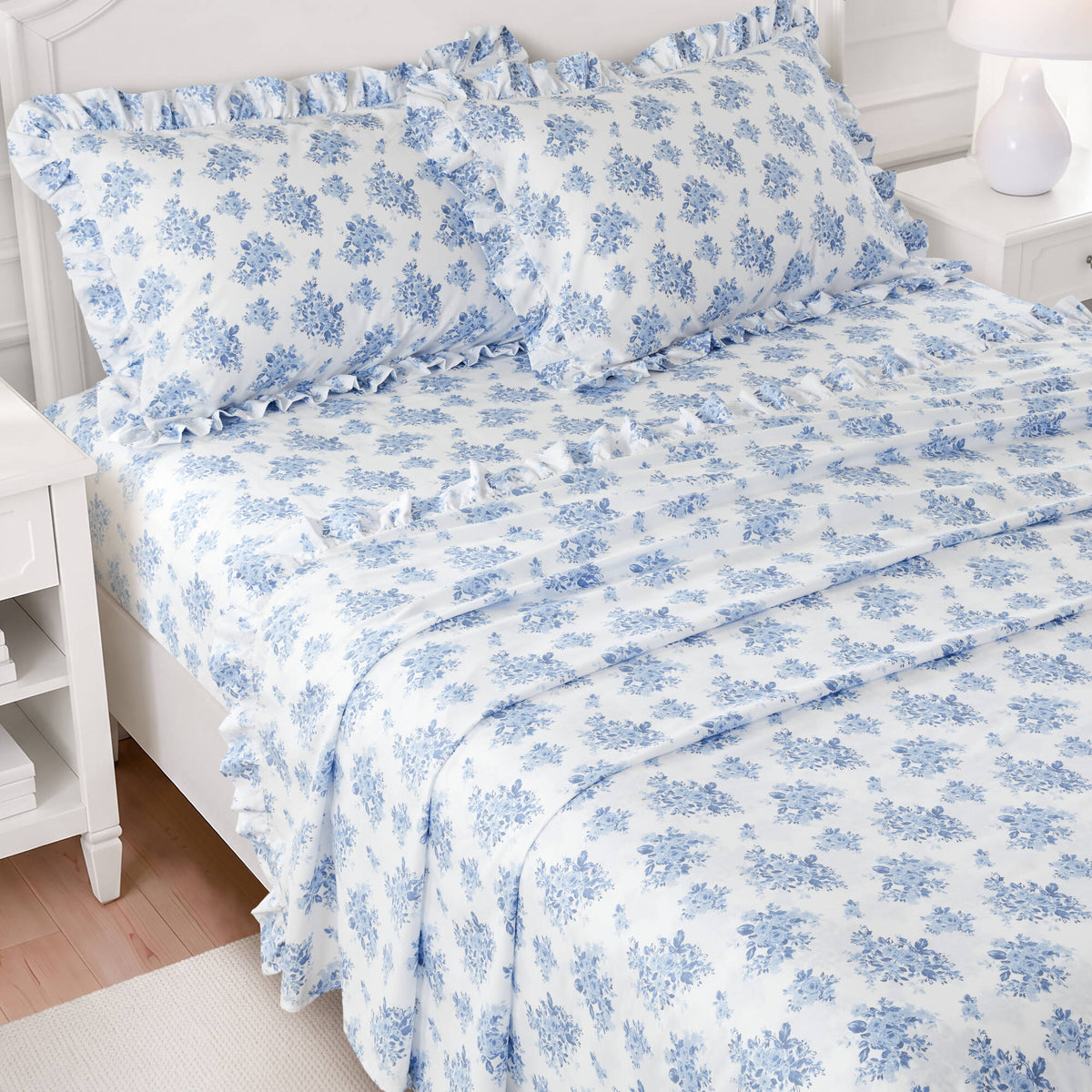 4-Piece King Microfiber Sheet Set, Blue Floral, Ruffled Hem