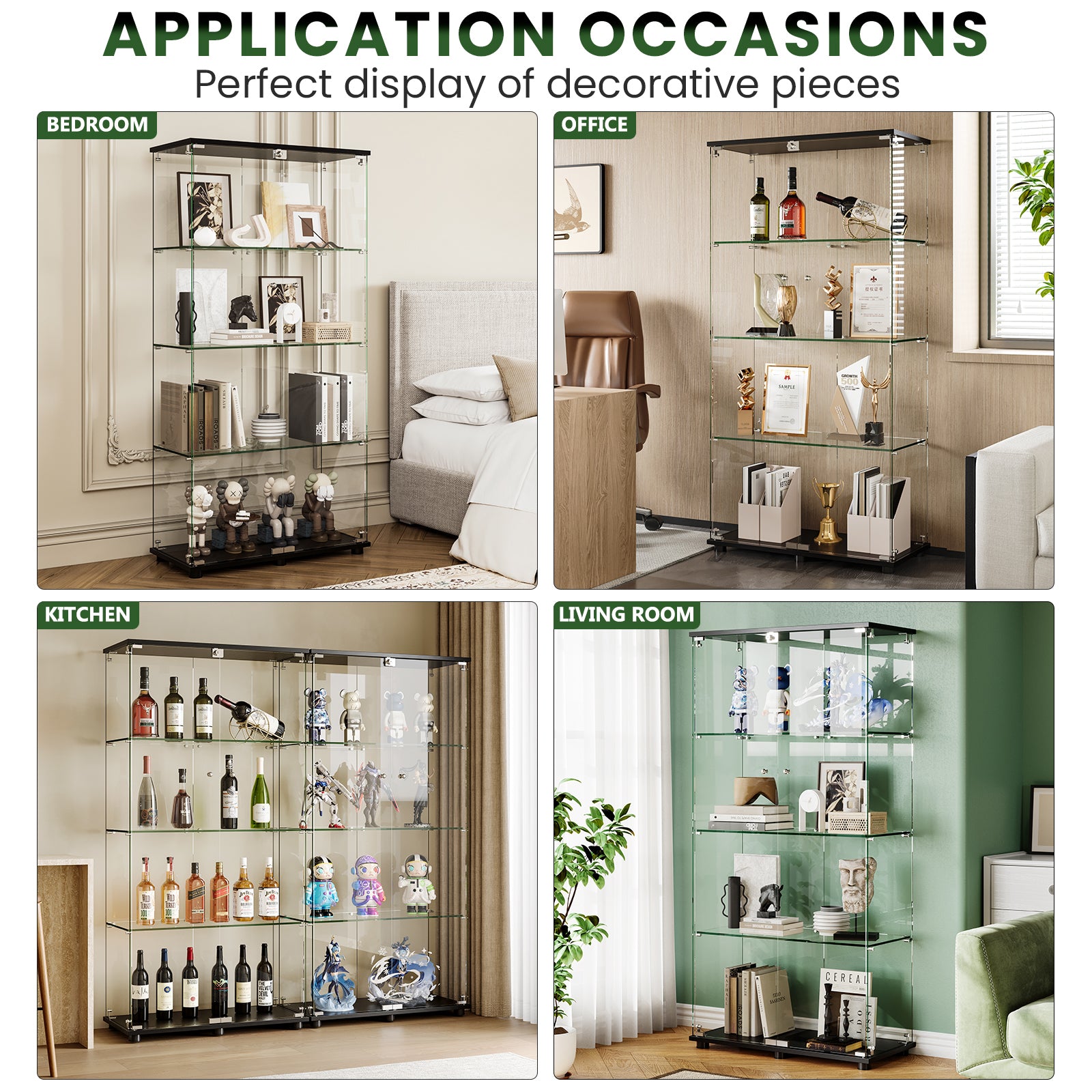 Glass Display Cabinet with 4-Shelf Double Doors and Lock